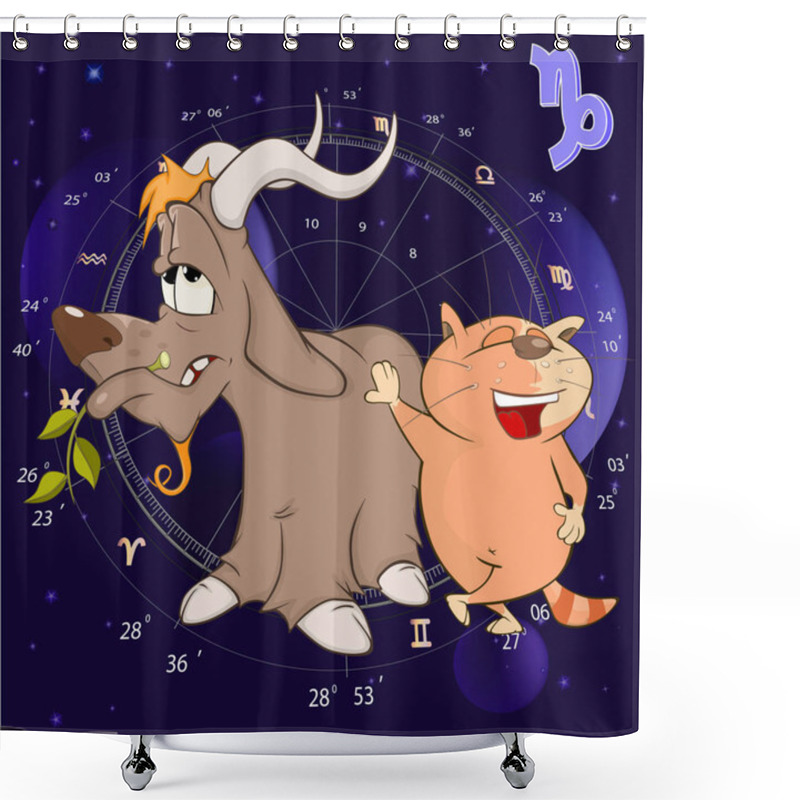 Personality  Cute Cartoon Cat And Funny Goat Over Horoscope Background, Vector Illustration  Shower Curtains