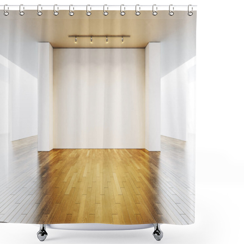 Personality  View On The Blank Wall In Gallery With Wooden Floor. 3d Render Shower Curtains