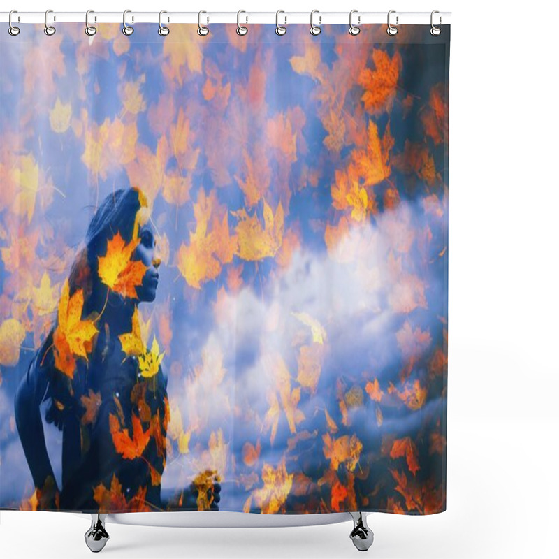 Personality  Young Beautiful Millenial Girl In Water Reflection On Falling Leaves Clouds Background Autumn Dark Season, Bad Rain Weather, Person Life Crisis Concept Abstract Woman Mind Portrait, Yellow Fall Nature Shower Curtains