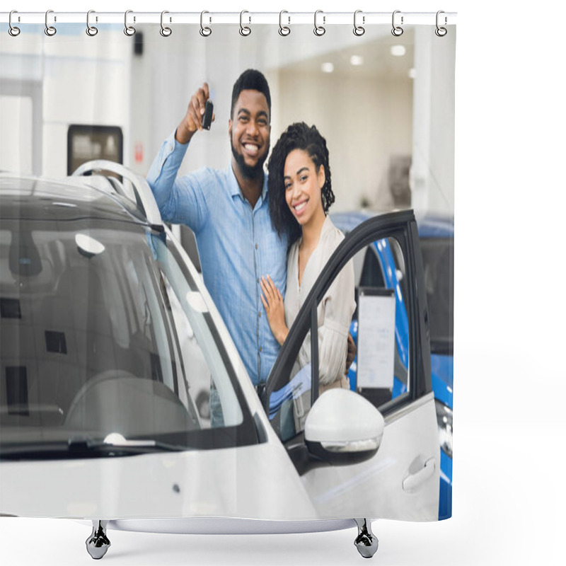 Personality  Cheerful Spouses Standing Near Car Showing Key In Dealership Center Shower Curtains