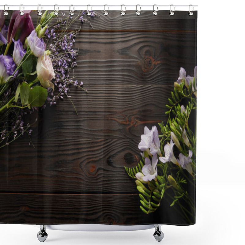 Personality  Top View Of Violet And Purple Floral Bouquets On Wooden Table Shower Curtains