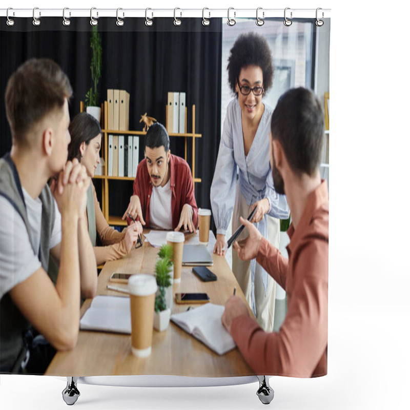 Personality  A Group Of Colleagues Discusses The Layoff Process In A Casual Setting. Shower Curtains