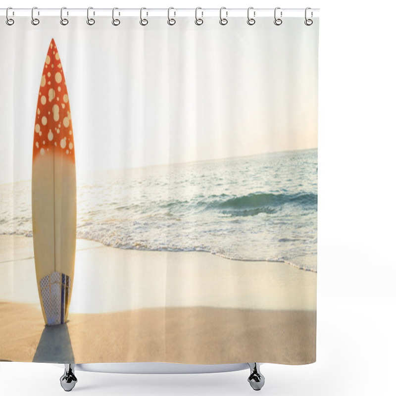 Personality  Surf Board Standing On The Sand Shower Curtains