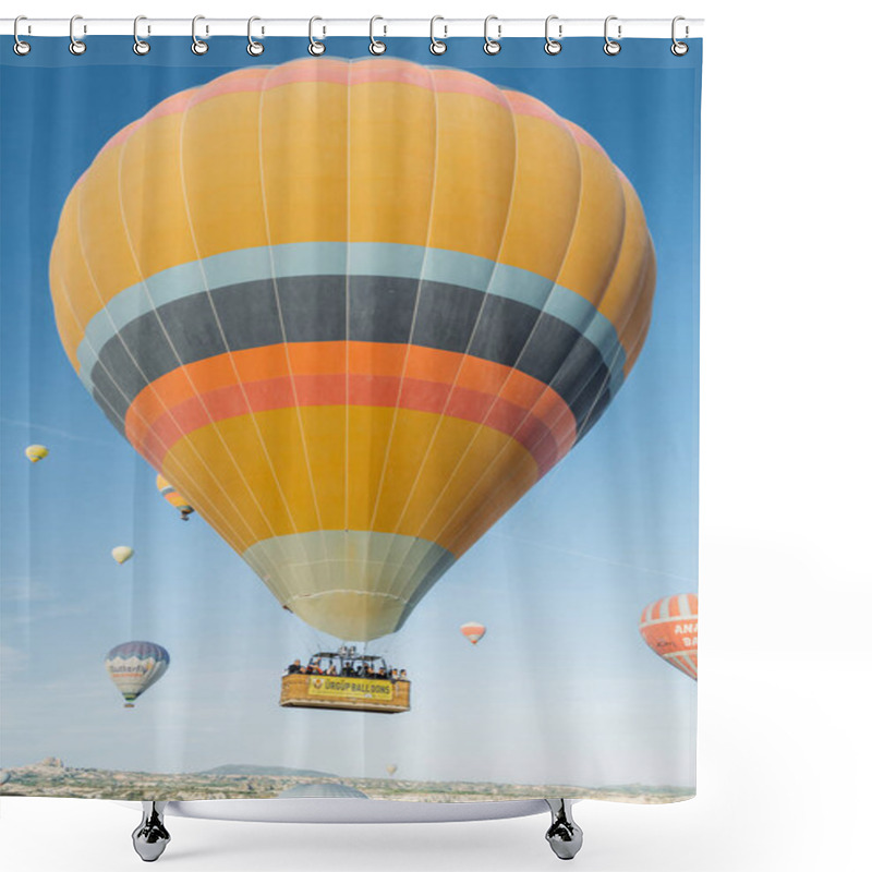 Personality  CAPPADOCIA, TURKEY - 28 APRIL 2018: Low Angle View Of Hot Air Balloons Flying In Blue Sky, Cappadocia, Turkey Shower Curtains