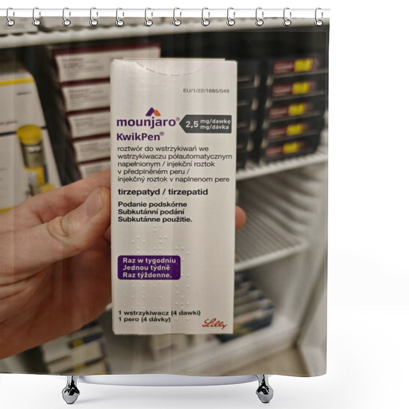 Personality  Prague, Czech Republic - October 25 2024: MOUNJARO KWIKPEN With TIRZEPATIDE Active Substance By ELI LILLY, Used For Type 2 Diabetes And Weight Management. Shower Curtains