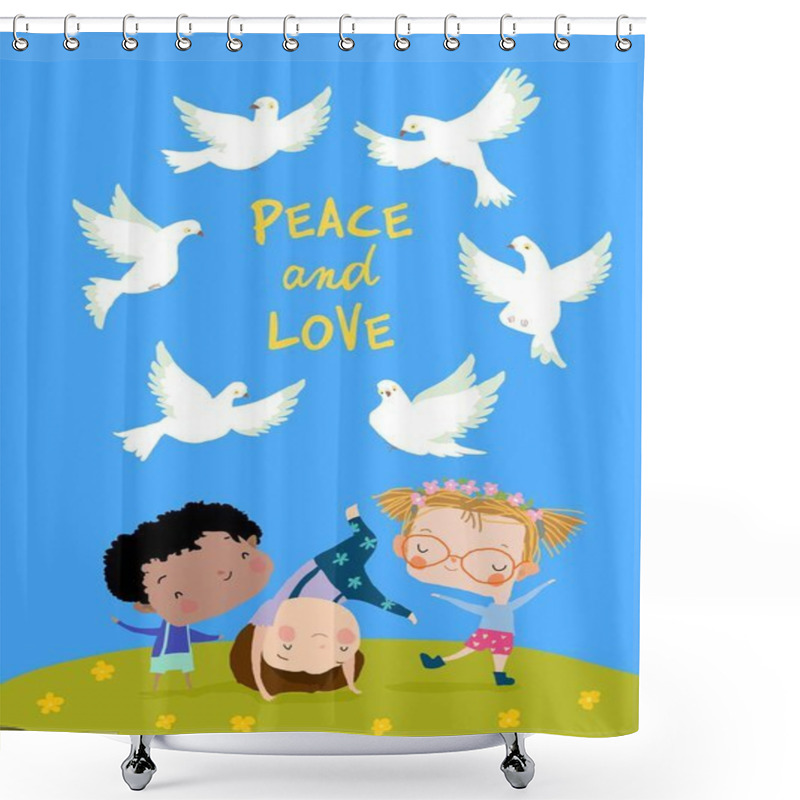 Personality  Cartoon Happy Children With Doves Of Peace Shower Curtains