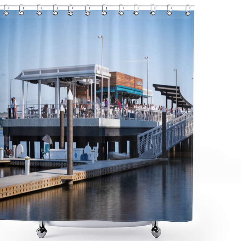 Personality  ALEXANDRIA, UNITED STATES - Jun 13, 2021: Alexandria, Virginia, USA- June 12th, 2021: The New Barca Restaurant On The Redeveloped Alexandria Waterfront. Shower Curtains