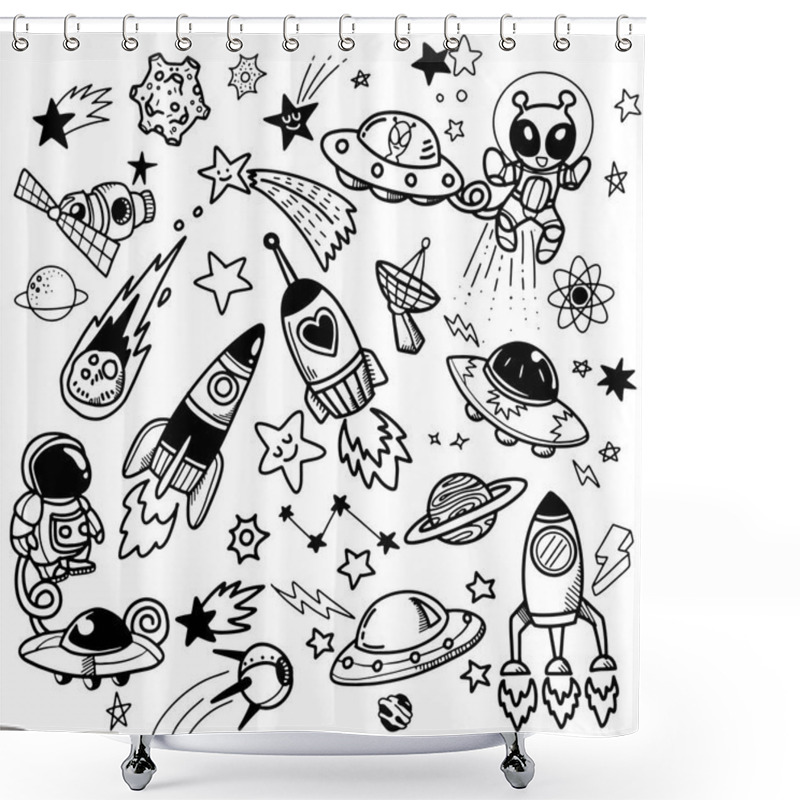 Personality  Set With Spaceships, Planets, And Stars. Space-Doodle Style. Vector Isolated Illustration With Spaceships, Rockets, Mars, Earth, Stars On A White Background. , Illustration For Coloring Book ,Each On A Separate Layer. Shower Curtains