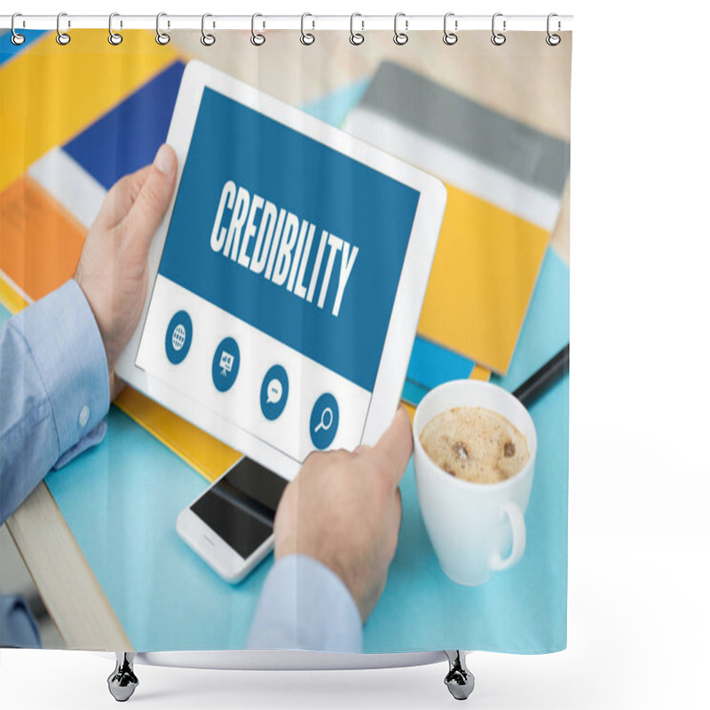 Personality  Man Holding Tablet  Shower Curtains