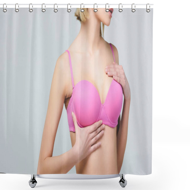 Personality  Cropped View Of Young Woman In Pink Bra Isolated On Grey, Breast Cancer Concept Shower Curtains