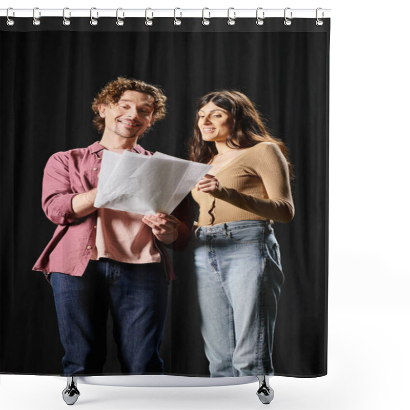 Personality  A Handsome Man And A Beautiful Woman Standing Together In A Theater Rehearsal. Shower Curtains