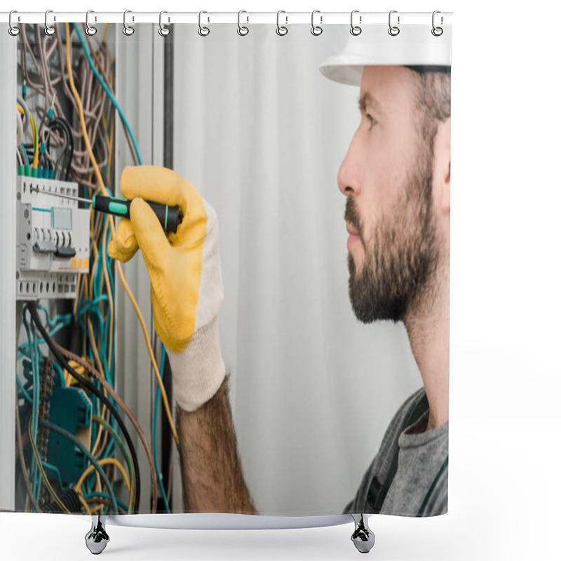 Personality  Side View Of Handsome Electrician Repairing Electrical Box And Using Screwdriver In Corridor Shower Curtains