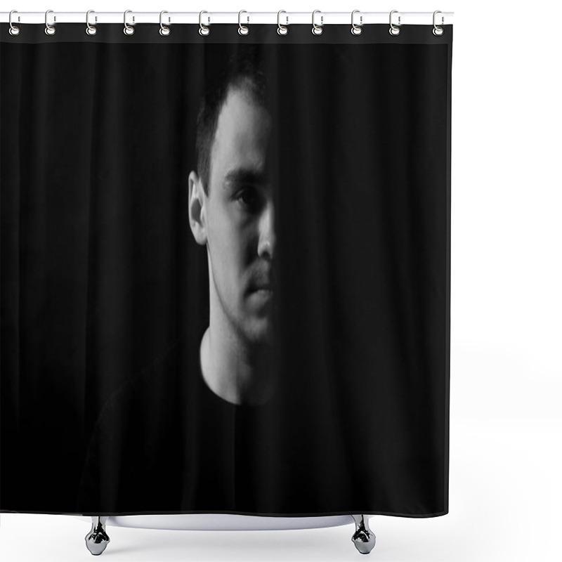 Personality  Portrait Of A Handsome Man On A Black Background. Dramatic Male Portrait In Black And White Shower Curtains