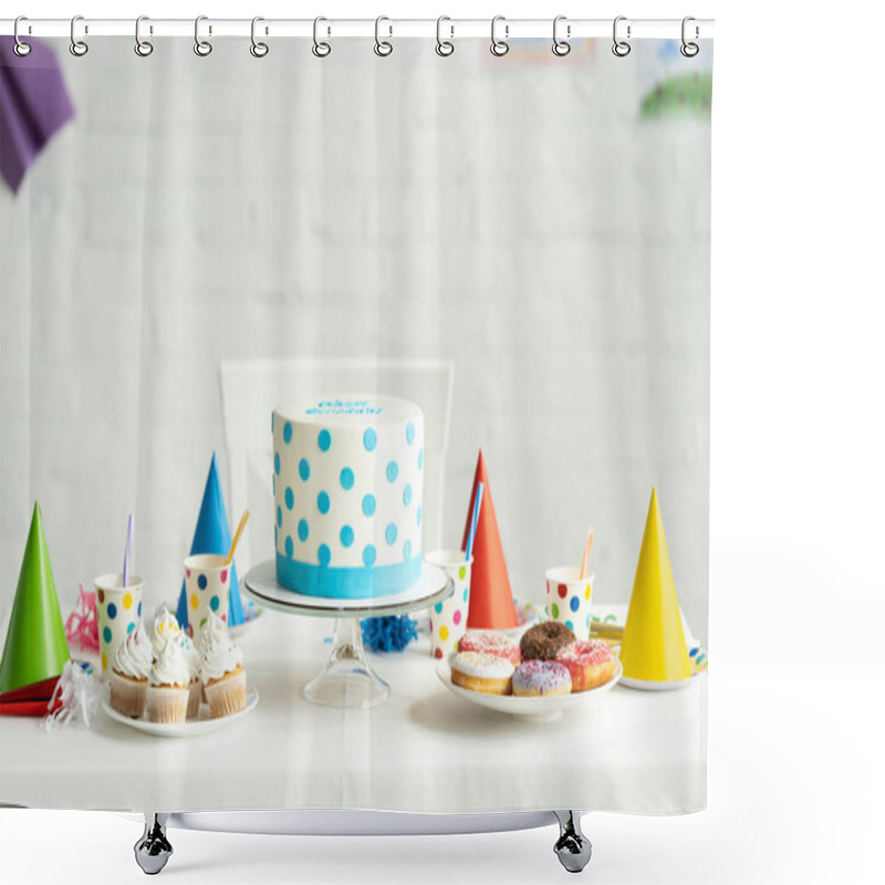 Personality  Delicious Birthday Cake With Cupcakes, Doughnuts And Paper Cups On Festive Table Shower Curtains