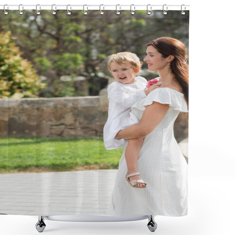 Personality  Woman In White Dress Carrying Toddler Daughter With Flowers In Valencia Shower Curtains