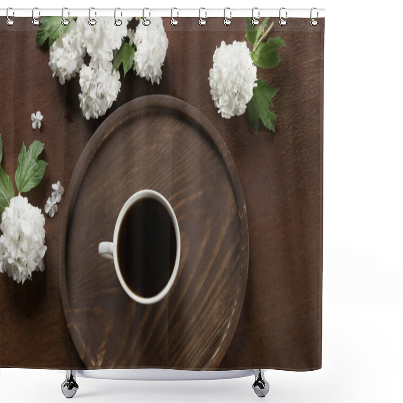 Personality  Morning Cup Of Black Coffee With Decor Of Viburnum. View From Above. Shower Curtains