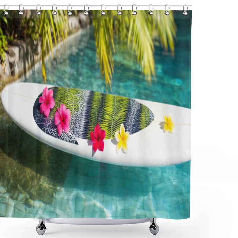 Personality  A Surfboard Floating Upright In The Air With Tropical Flowers And Sunlight Beams In The Background. Shower Curtains