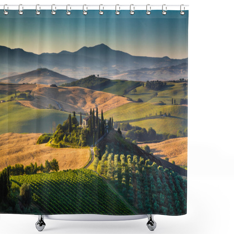 Personality  Scenic Tuscany Landscape At Sunrise, Val D'Orcia, Italy Shower Curtains