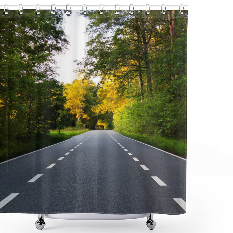 Personality  Peaceful Asphalt Road Stretches Through Green Trees Adorned With Golden Birch Tree Foliage, Illuminated By A Warm Summer Sunset In The Netherlands, Inviting Tranquility And Exploration Shower Curtains