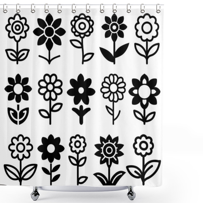 Personality  A Set Of 15 Simple Black Pictogram Floral Icons With Stem And Leaf Design. Shower Curtains