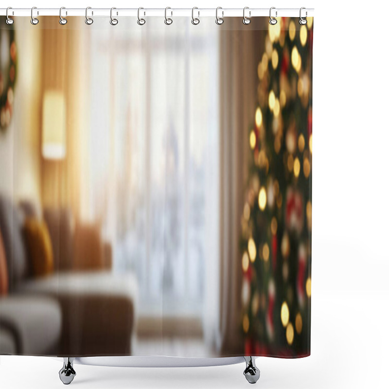 Personality  Cozy Living Room With A Beautifully Decorated Christmas Tree And Warm Sunlight Shining Through The Window. Shower Curtains