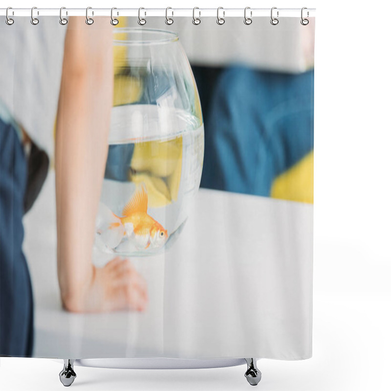 Personality  Partial View Of Boy Standing Near Aquarium With Gold Fish  Shower Curtains