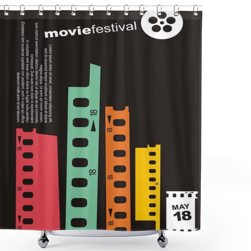 Personality  City Skyline Made From Film Strip Design Elements. Movie Cinema Retro Poster Design Layout. Symbolic Minimalist Flyer  For Film Festival. Artistic Vector Illustration. Shower Curtains