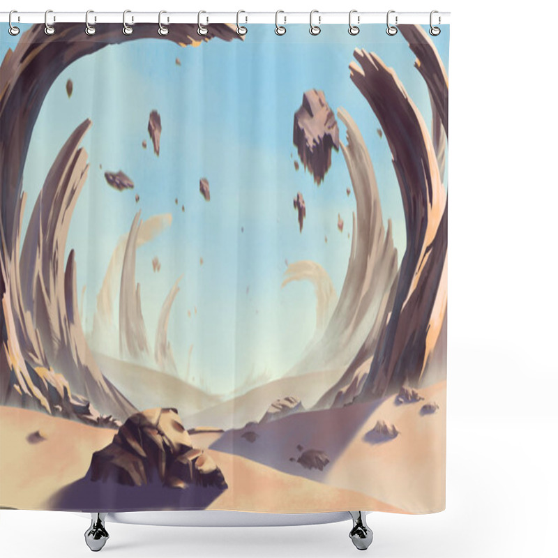 Personality  Fantastic And Exotic Allen Planets Environment: Storm Eye Desert. Video Games Digital CG Artwork, Concept Illustration, Realistic Cartoon Style Background Shower Curtains