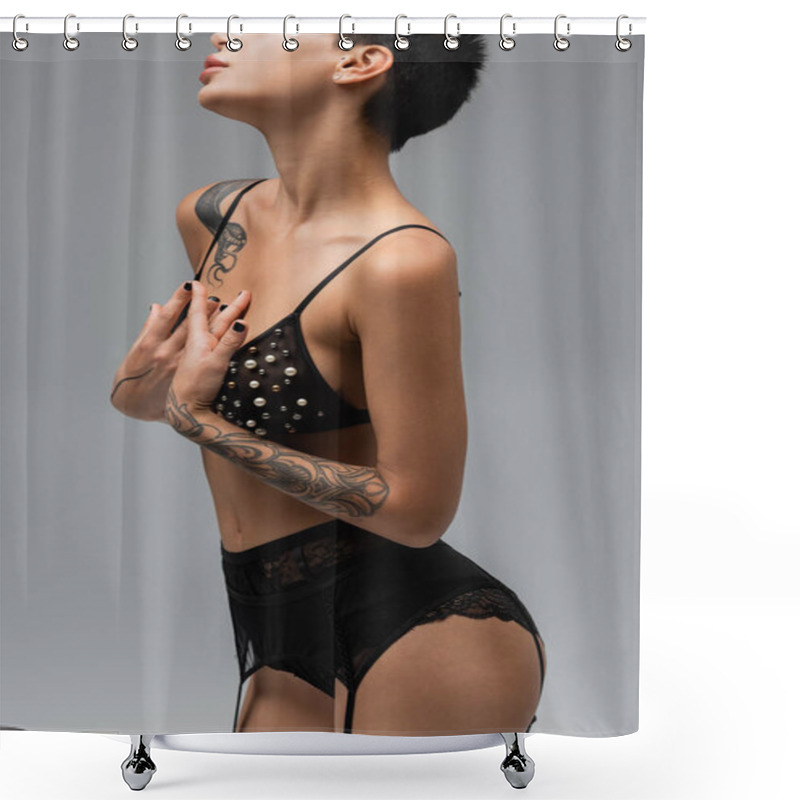 Personality  Cropped View Of Young, Graceful And Tattooed Woman In Black Bra With Pearl Beads, Lace Panties And Garter Belt Holding Hands Near Chest On Grey Background In Studio, Art Of Seduction Shower Curtains