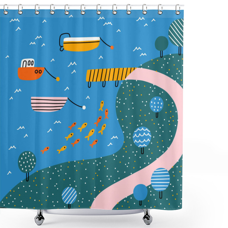 Personality  Cartoon Landscape With A Pier And Boats, A School Of Little Fish, Road With Cute Trees, Doodle Vector Illustration Shower Curtains