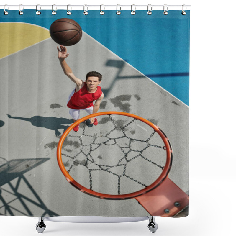 Personality  A Vibrant Young Man In A Red Shirt Dribbles A Basketball With Focus And Determination On A Sunny Day. Shower Curtains