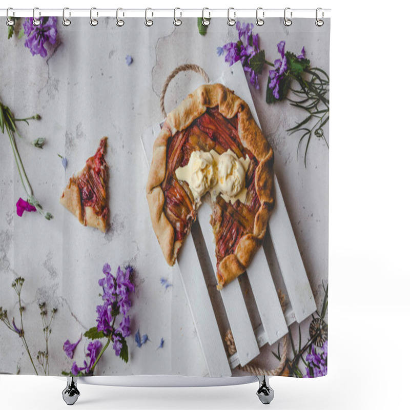 Personality  Elevated View Of Delicious Rhubarb Pie On Table With Violet Flowers Shower Curtains