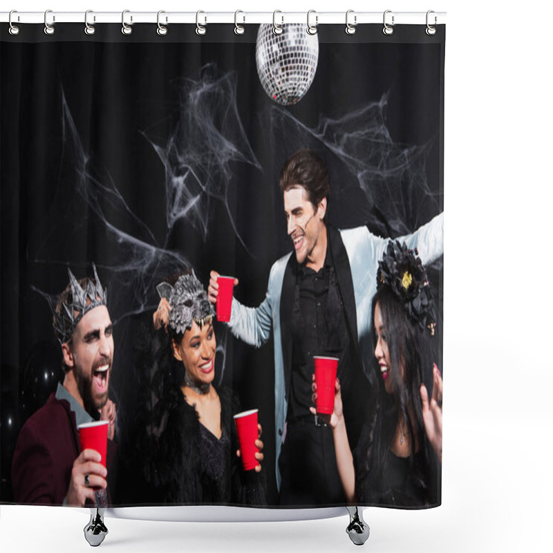 Personality  Cheerful African American Woman Adjusting Wolf Mask While Dancing On Halloween Party With Interracial Friends On Black  Shower Curtains