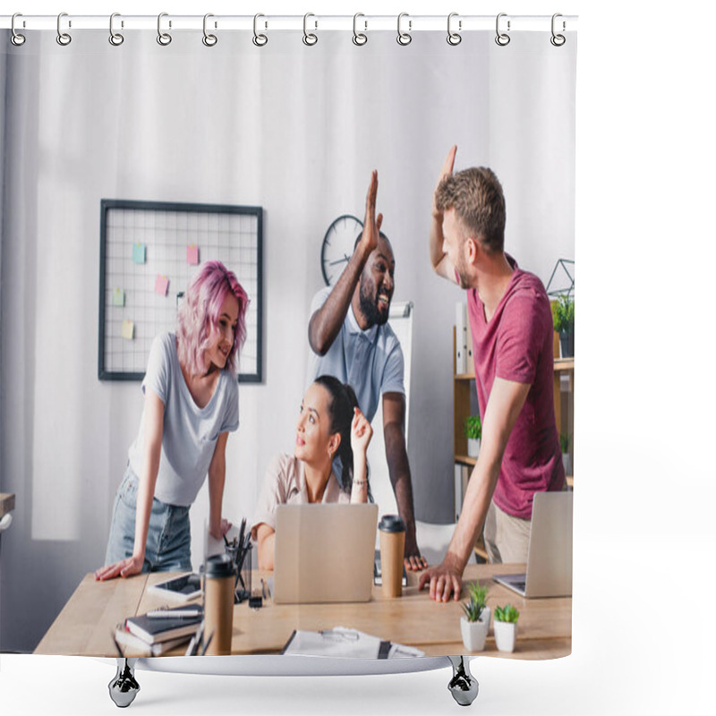 Personality  Selective Focus Of Businesswomen Looking At Each Other While Multicultural Colleagues Giving High Five In Office  Shower Curtains