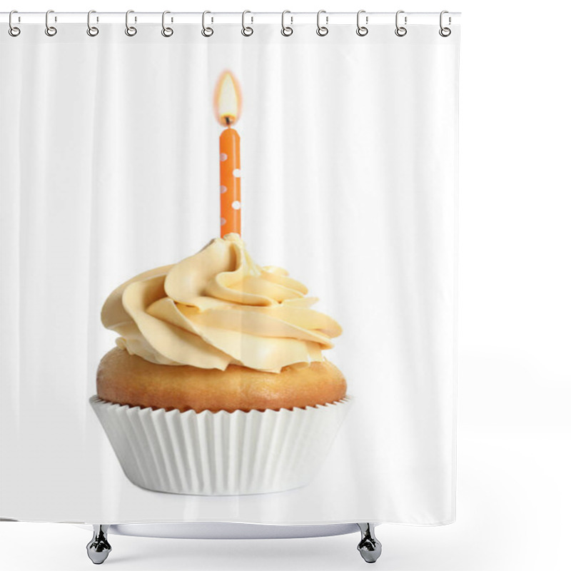 Personality  Delicious Birthday Cupcake With Candle On White Background Shower Curtains