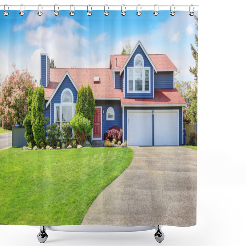 Personality  Large Blue House With White Trim And A Nice Lawn. Shower Curtains