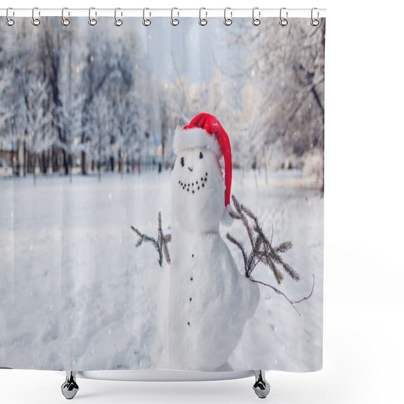 Personality  Happy Snowman Wearing Santa Hat In Snowy Winter Park With Fir Branches At Festive Christmas Season Outdoors. Winter Activities. Space Shower Curtains