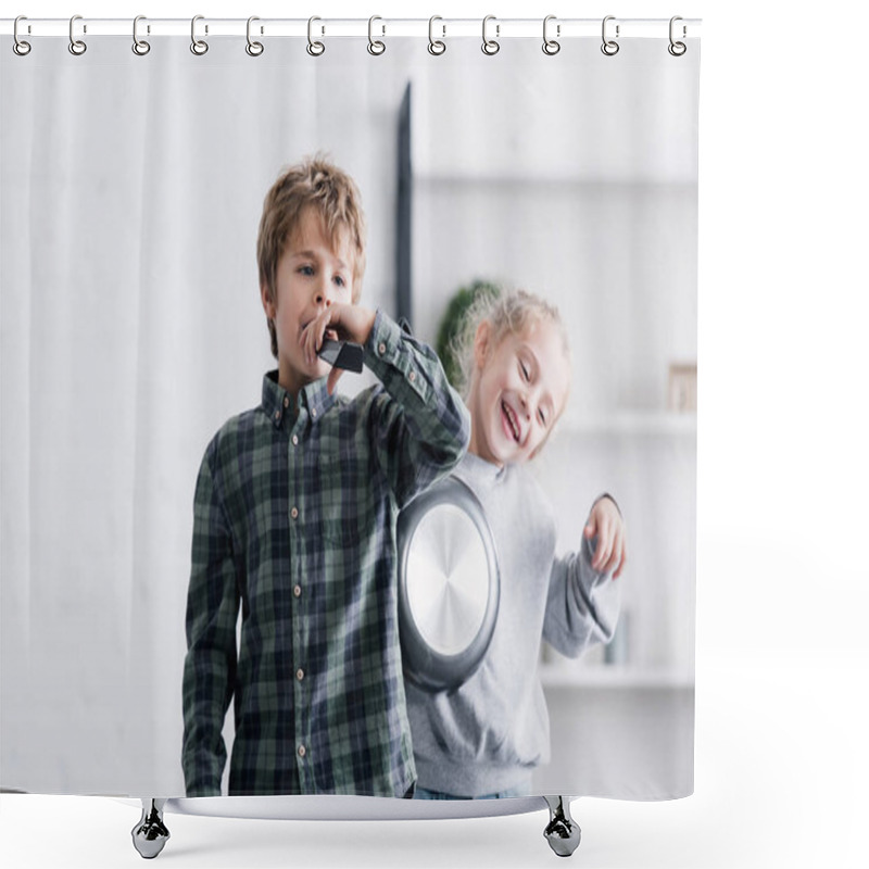 Personality  Adorable Siblings Playing With Remote Controller And Frying Pan At Home Shower Curtains