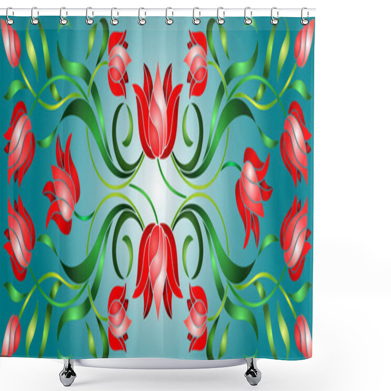 Personality  Illustration In Stained Glass Style With Flowers, Leaves And Buds Of Red Tulips On A Cyan  Background, Symmetrical Image, Horizontal Orientation Shower Curtains