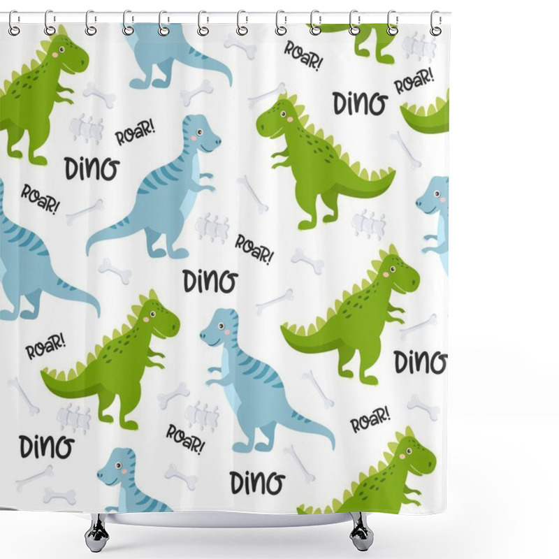 Personality  Seamless Pattern With Cute Dinos. Cute Dinosaurs Isolated On White Background. Kids Illustration. Funny Cartoon Dino And Prehistoric Elements. Shower Curtains