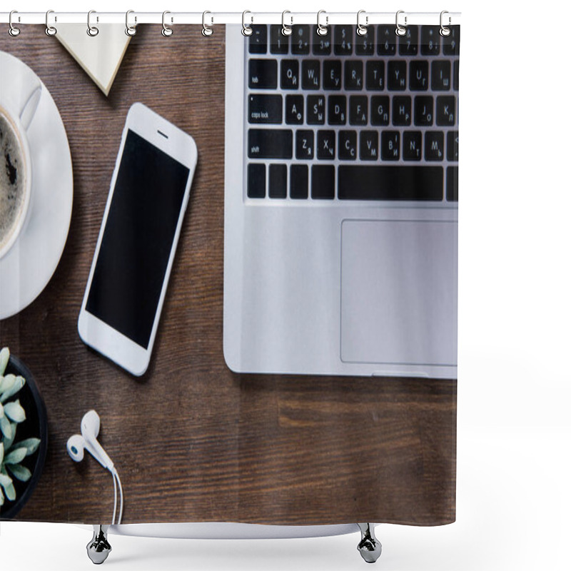 Personality  Coffee Cup And Smartphone On Desk  Shower Curtains