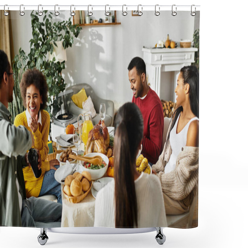 Personality  Friends Enjoy A Festive Thanksgiving Meal, Filled With Laughter And Tasty Dishes. Shower Curtains