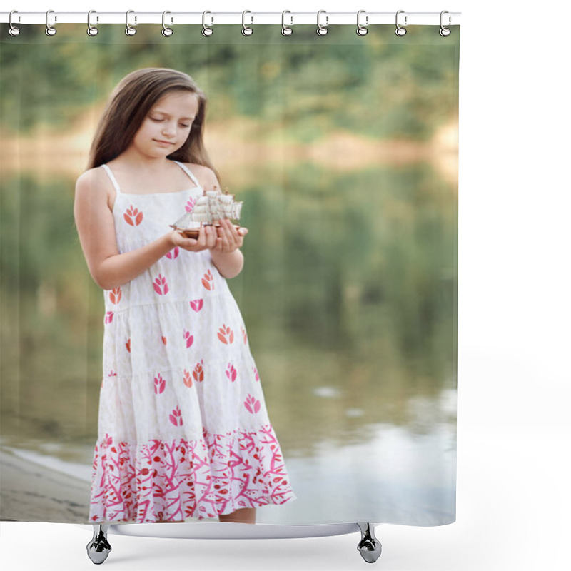 Personality  Girl Playing With A Toy Sailing Ship By The River Shower Curtains