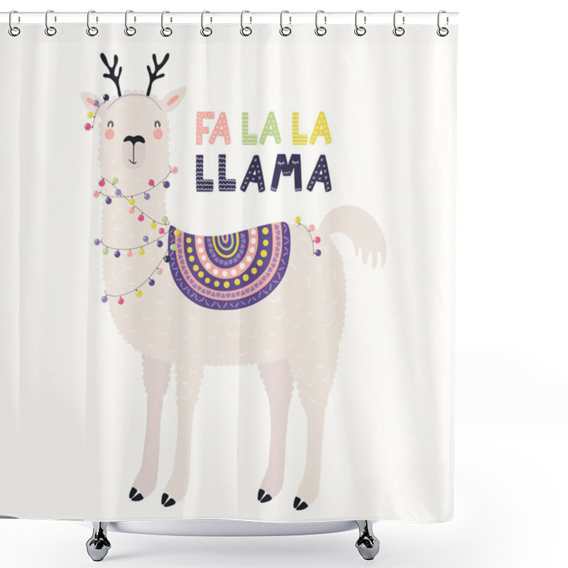 Personality  Hand Drawn Vector Illustration Of A Cute Funny Llama In Deer Antlers With Lights And Text Fa La La Llama, Scandinavian Style Flat Design, Concept For Children Card. Shower Curtains