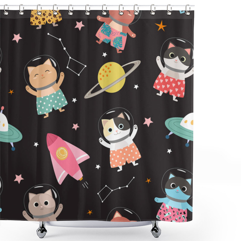 Personality  Space Seamless Pattern  With Cartoon, Cute Kittens In Stylish Shorts. Vector Illustration. Shower Curtains