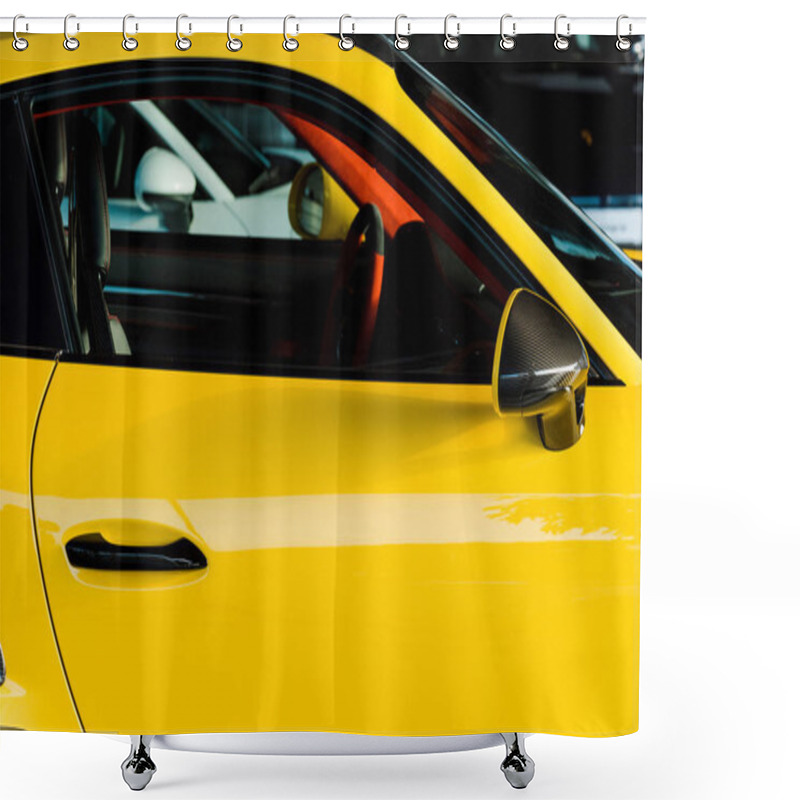 Personality  KYIV, UKRAINE - OCTOBER 7, 2019: Car Door Of Yellow And Shiny Porshe  Shower Curtains