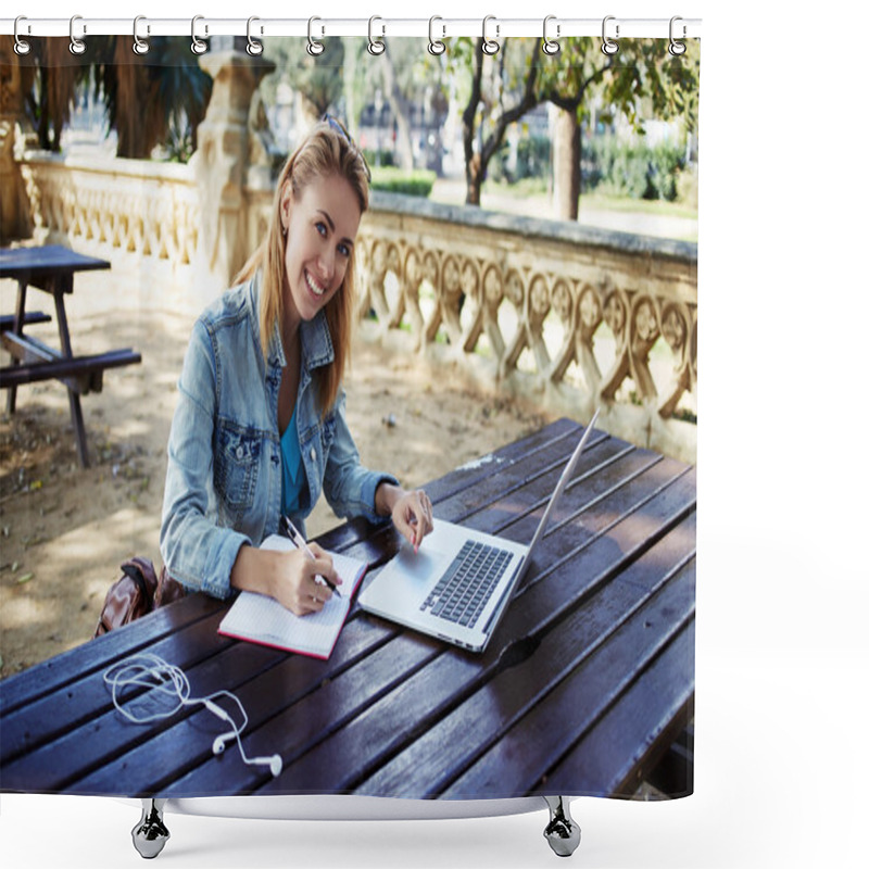 Personality  Girl Looking At Camera Shower Curtains