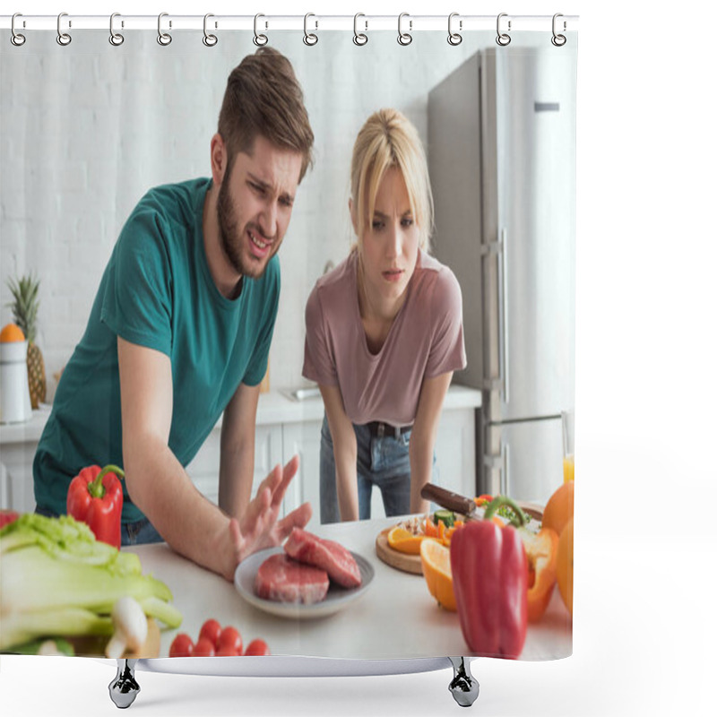 Personality  Disgusted Vegan Couple Looking At Raw Meat On Plate In Kitchen At Home Shower Curtains