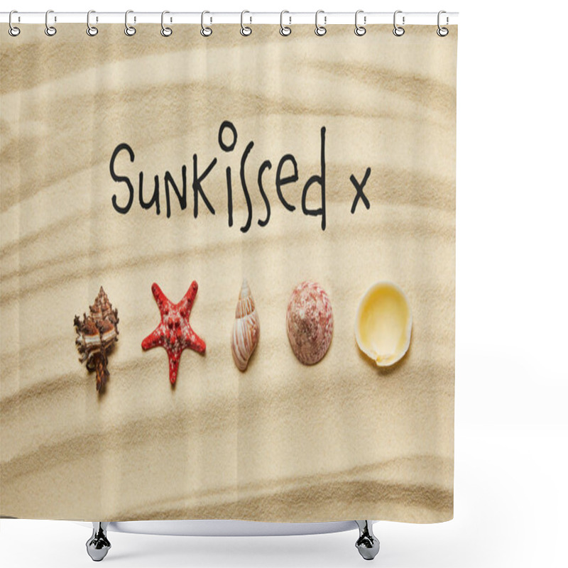 Personality  Flat Lay Of Seashells And Red Starfish On Sandy Beach In Summertime With Sun Kissed Lettering Shower Curtains