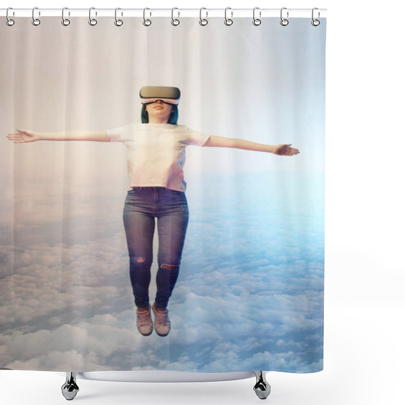 Personality  Double Exposure Of Brunette Woman Levitating With Outstretched Hands Near  Clouds In Sky  Shower Curtains